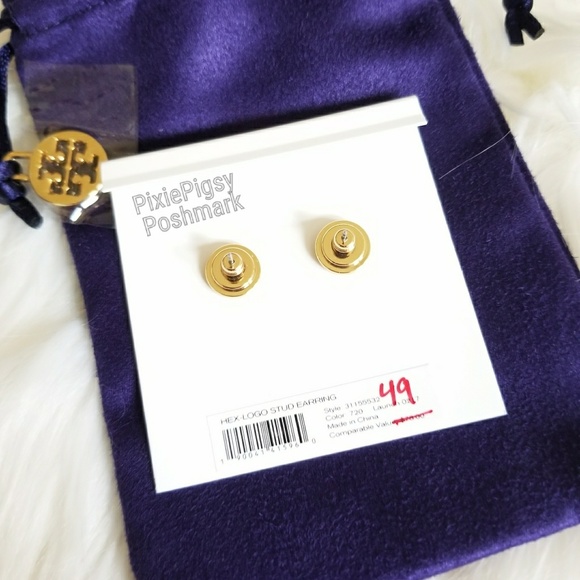 Tory Burch Hex Logo Gold Stud Earrings +Dust Bag - Picture 3 of 6